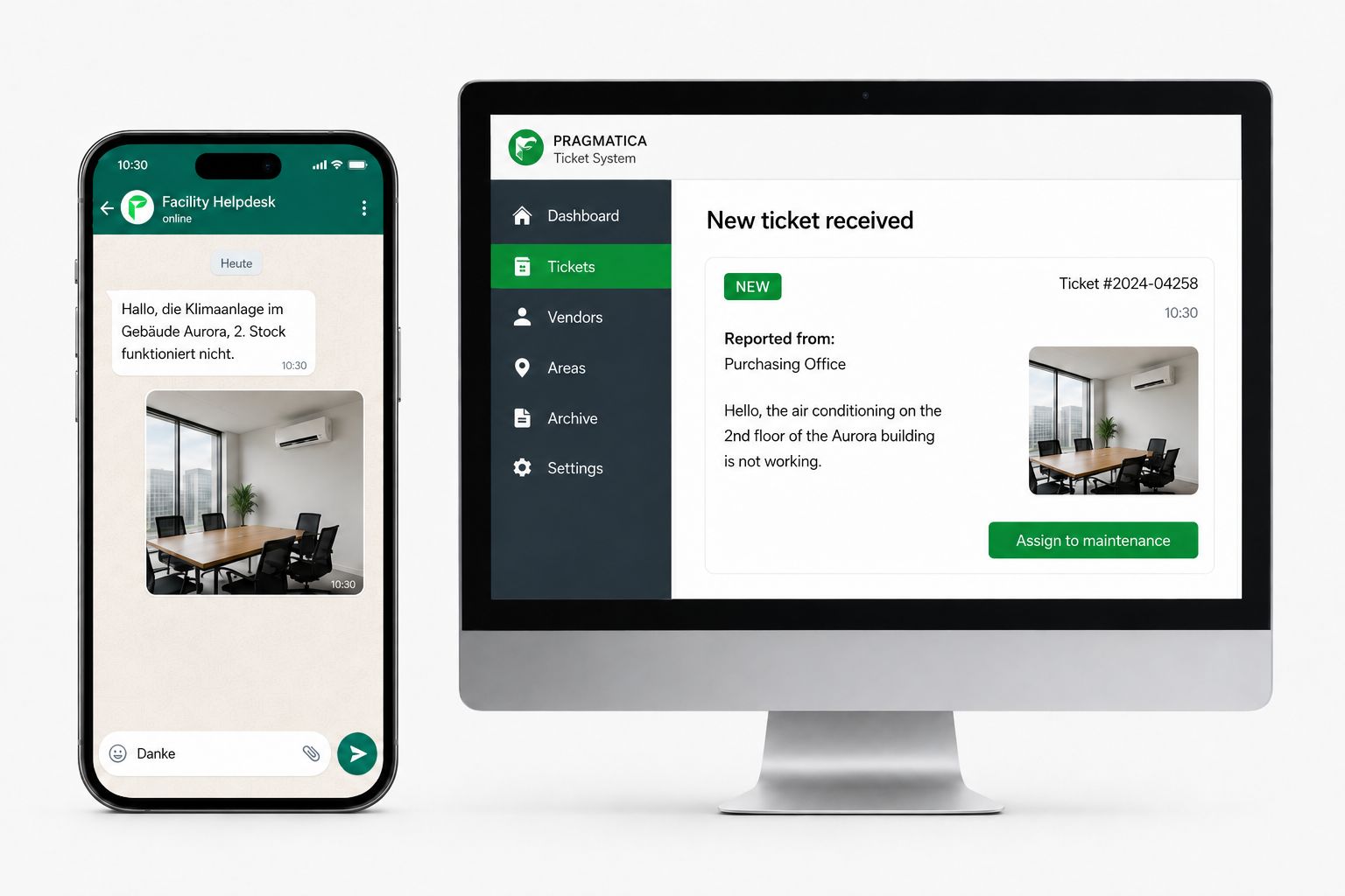 WhatsApp message in German automatically translated to English in qb-ticketing dashboard